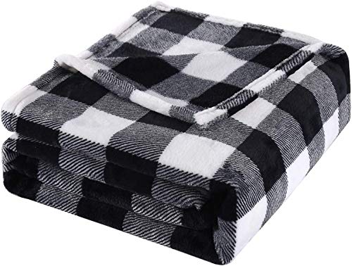 BOBOR Buffalo Plaid Throw Blanket for Couch Bed, Flannel Black White Checker Plaid Pattern Christmas Decorative Throw Blanket, Super Soft Comfortable Lightweight Fuzzy Blanket (Black White, 59"x79")