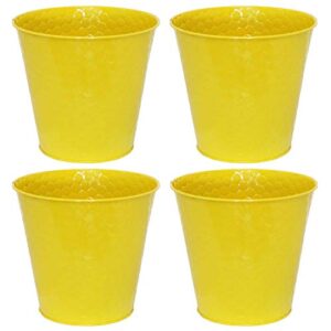 sunnydaze galvanized steel buckets with hexagon pattern - set of 4 - yellow - small colored metal decorative pails - indoor use - perfect for storage, decoration, gardening and parties