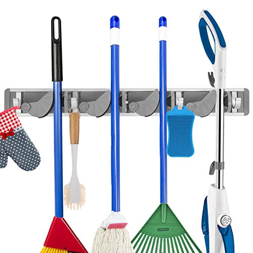 Mop Broom Holder Wall Mount, Metal Broom Organizer Storage Rooms Garage Garden Kitchen Tool Clean Tools Organizer Non-slip Wall Hanger(4 Adjustable Slots & 4 Hooks, Gray)