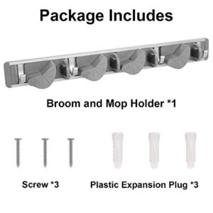 Mop Broom Holder Wall Mount, Metal Broom Organizer Storage Rooms Garage Garden Kitchen Tool Clean Tools Organizer Non-slip Wall Hanger(4 Adjustable Slots & 4 Hooks, Gray)