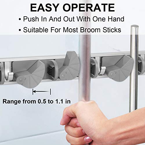 Mop Broom Holder Wall Mount, Metal Broom Organizer Storage Rooms Garage Garden Kitchen Tool Clean Tools Organizer Non-slip Wall Hanger(4 Adjustable Slots & 4 Hooks, Gray)