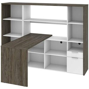 bestar gemma 2-piece set including one l-shaped desk with hutch and one bookcase in walnut grey & white