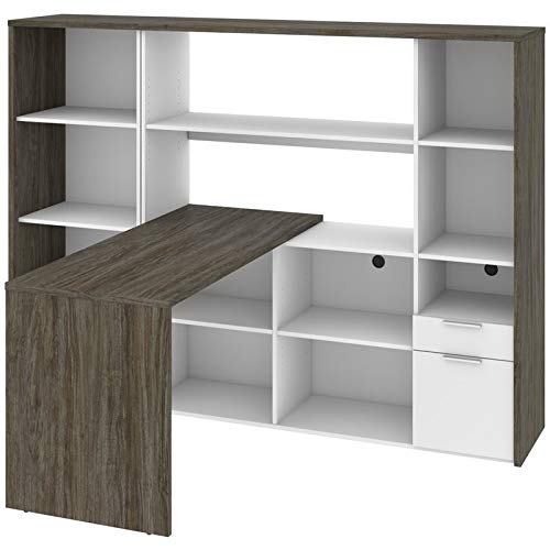 Bestar Gemma 2-Piece Set Including One L-Shaped Desk with Hutch and One Bookcase in Walnut Grey & White