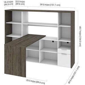 Bestar Gemma 2-Piece Set Including One L-Shaped Desk with Hutch and One Bookcase in Walnut Grey & White