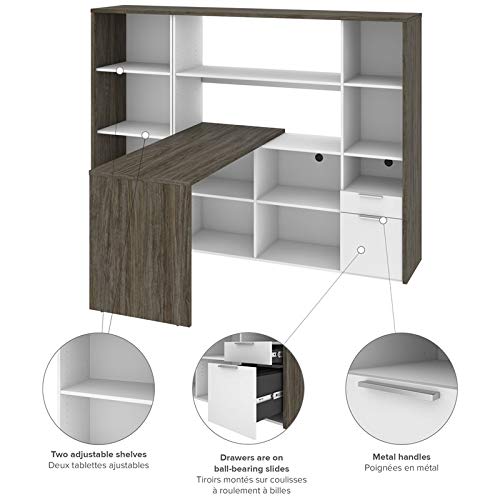 Bestar Gemma 2-Piece Set Including One L-Shaped Desk with Hutch and One Bookcase in Walnut Grey & White