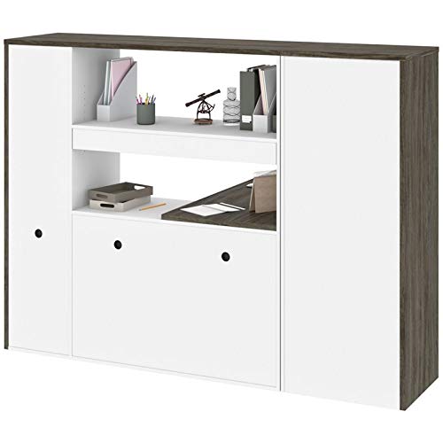 Bestar Gemma 2-Piece Set Including One L-Shaped Desk with Hutch and One Bookcase in Walnut Grey & White