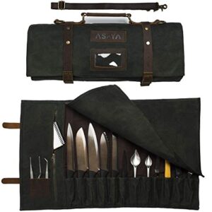 asaya waxed canvas knife roll - 15 knife slots, card holder and large zippered pocket - genuine leather, cloth and brass buckles - for chefs and culinary students - knives not included