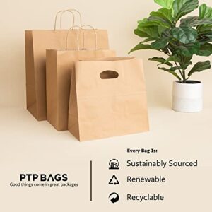 PTP BAGS Kraft Paper Bags With Handles, Wine Gift Bag Set, 5.75 x 3.25 x 13 In, Natural, 100 Count