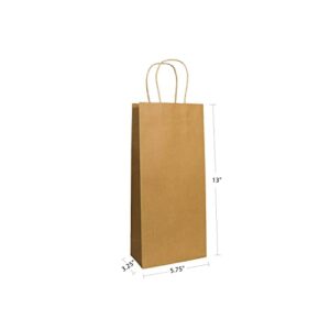 PTP BAGS Kraft Paper Bags With Handles, Wine Gift Bag Set, 5.75 x 3.25 x 13 In, Natural, 100 Count