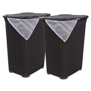 plastic laundry hamper with lid, 2 pack knit designed laundry hamper basket, 50 liter brown cloths hamper organizer with cut-out handles. space saving for laundry room bedroom bathroom.