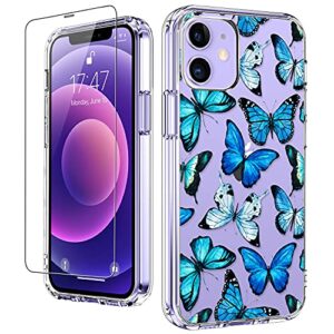 luhouri iphone 12 case, iphone 12 pro case with screen protector, clear fashion design cover for women girls, slim fit protective phone case for iphone 12/12 pro 6.1" blue butterflies flower