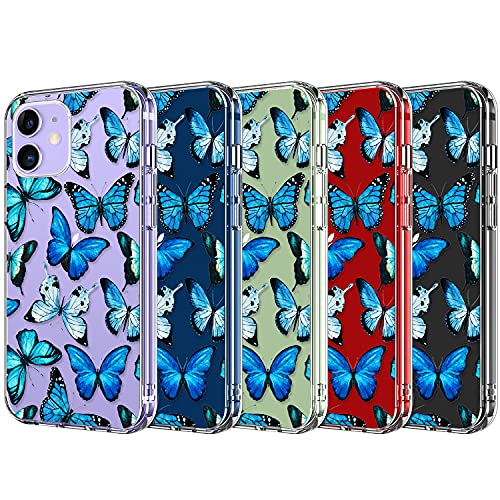 LUHOURI iPhone 12 Case, iPhone 12 Pro Case with Screen Protector, Clear Fashion Design Cover for Women Girls, Slim Fit Protective Phone Case for iPhone 12/12 Pro 6.1" Blue Butterflies Flower