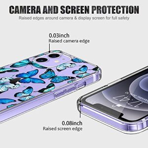 LUHOURI iPhone 12 Case, iPhone 12 Pro Case with Screen Protector, Clear Fashion Design Cover for Women Girls, Slim Fit Protective Phone Case for iPhone 12/12 Pro 6.1" Blue Butterflies Flower