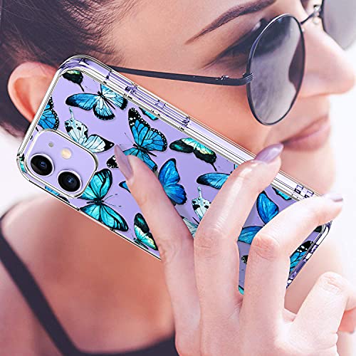 LUHOURI iPhone 12 Case, iPhone 12 Pro Case with Screen Protector, Clear Fashion Design Cover for Women Girls, Slim Fit Protective Phone Case for iPhone 12/12 Pro 6.1" Blue Butterflies Flower