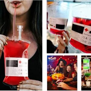 20 Pack Halloween Decorations Blood Bag Drink Pouches for Home Party Decor Supplies Zombie Vampire Party Indoor Outdoor Decoration with Syringe, Clips and Stickers