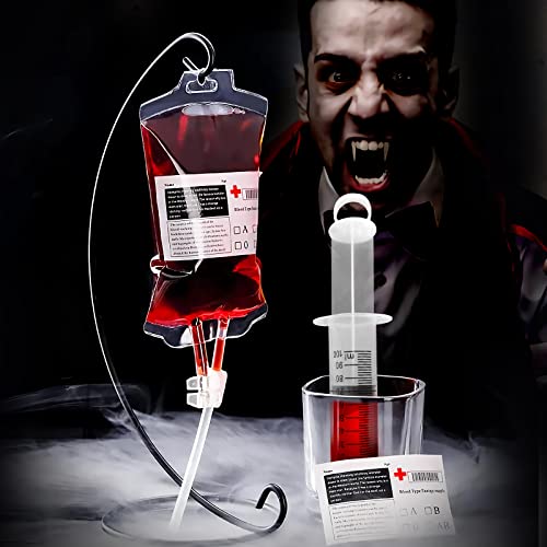 20 Pack Halloween Decorations Blood Bag Drink Pouches for Home Party Decor Supplies Zombie Vampire Party Indoor Outdoor Decoration with Syringe, Clips and Stickers