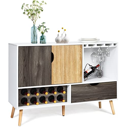 Giantex Buffet Sideboard with Storage, Wine Bar Cabinet for 10 Bottles, Glass Holder, Large Drawer, Wood Cupboard Pantry for Kitchen Cupboard, Standing Credenza (White & Wood)