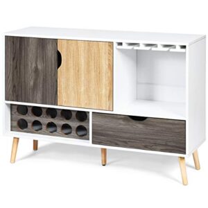 Giantex Buffet Sideboard with Storage, Wine Bar Cabinet for 10 Bottles, Glass Holder, Large Drawer, Wood Cupboard Pantry for Kitchen Cupboard, Standing Credenza (White & Wood)