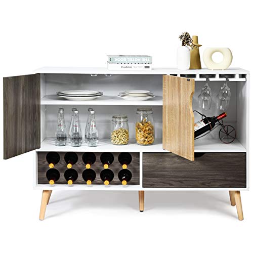 Giantex Buffet Sideboard with Storage, Wine Bar Cabinet for 10 Bottles, Glass Holder, Large Drawer, Wood Cupboard Pantry for Kitchen Cupboard, Standing Credenza (White & Wood)