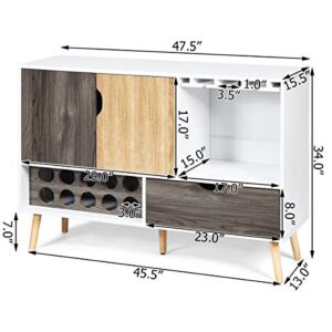 Giantex Buffet Sideboard with Storage, Wine Bar Cabinet for 10 Bottles, Glass Holder, Large Drawer, Wood Cupboard Pantry for Kitchen Cupboard, Standing Credenza (White & Wood)