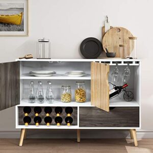 Giantex Buffet Sideboard with Storage, Wine Bar Cabinet for 10 Bottles, Glass Holder, Large Drawer, Wood Cupboard Pantry for Kitchen Cupboard, Standing Credenza (White & Wood)