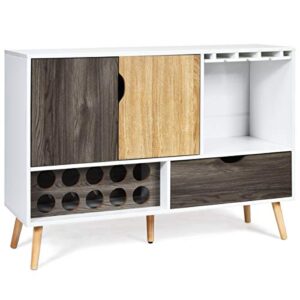 Giantex Buffet Sideboard with Storage, Wine Bar Cabinet for 10 Bottles, Glass Holder, Large Drawer, Wood Cupboard Pantry for Kitchen Cupboard, Standing Credenza (White & Wood)