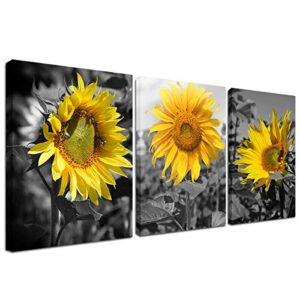 sunflower pictures wall decor - yellow flower picture bee wall art home office decorations nature painting black yellow sunflower canvas prints for living room bathroom dining room framed 12x16inch
