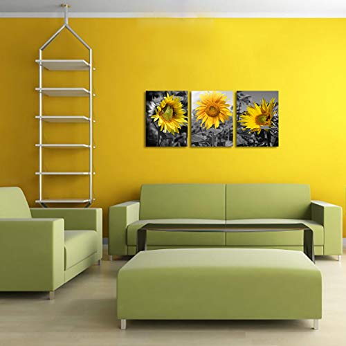 Sunflower Pictures Wall Decor - Yellow Flower Picture Bee Wall Art Home Office Decorations Nature Painting Black Yellow Sunflower Canvas Prints for Living Room Bathroom Dining Room Framed 12x16inch