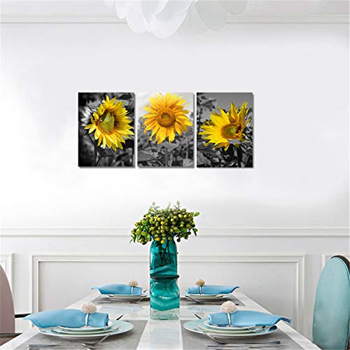 Sunflower Pictures Wall Decor - Yellow Flower Picture Bee Wall Art Home Office Decorations Nature Painting Black Yellow Sunflower Canvas Prints for Living Room Bathroom Dining Room Framed 12x16inch