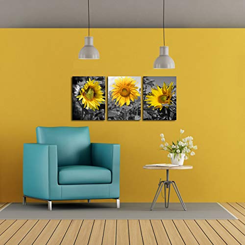 Sunflower Pictures Wall Decor - Yellow Flower Picture Bee Wall Art Home Office Decorations Nature Painting Black Yellow Sunflower Canvas Prints for Living Room Bathroom Dining Room Framed 12x16inch