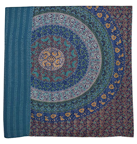 SHIRANYA Indian Handmade Queen Cotton Kantha Quilt Throw Blanket Bedspread Floral Print 80x90 Approx