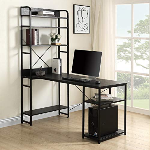 Henf Computer Desk with Bookshelf, Office Writing Desk with Desktop Display Shelves, MDF Metal Frame Modern Large Office Desk with Bookshelf Writing Table Study Workstation, Black