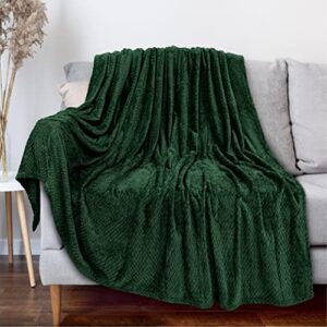 pavilia soft flannel fleece blanket throw emerald green, textured decorative velvet blanket for couch sofa bed, fuzzy plush cozy warm lightweight microfiber throw, jacquard weave leaves pattern 50x60