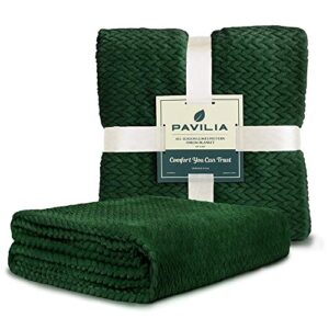 PAVILIA Soft Flannel Fleece Blanket Throw Emerald Green, Textured Decorative Velvet Blanket for Couch Sofa Bed, Fuzzy Plush Cozy Warm Lightweight Microfiber Throw, Jacquard Weave Leaves Pattern 50x60