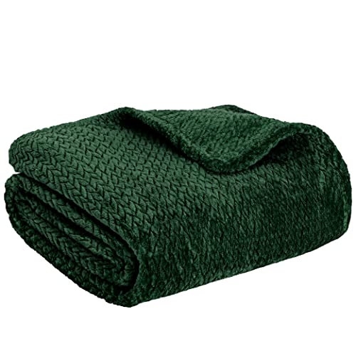 PAVILIA Soft Flannel Fleece Blanket Throw Emerald Green, Textured Decorative Velvet Blanket for Couch Sofa Bed, Fuzzy Plush Cozy Warm Lightweight Microfiber Throw, Jacquard Weave Leaves Pattern 50x60