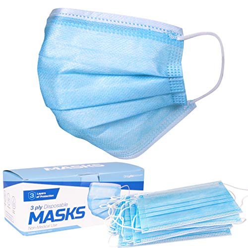 Disposable Face Mask - Blue Disposable Face Mask | Breathable Protective 3-Ply Comfortable Nose/Mouth Coverings for Home & Office | Elastic Ear Loop 3-Layer Safety Shield for Adults/ Kids | 50 Pack Ships from USA