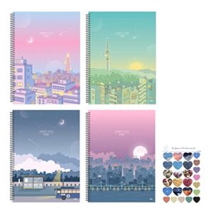 cute korean aesthetic blank unlined spiral planning drawing notebook/journal for girls, women, college, school - 130 p each, 7.4” x 10.2”, 4 count (cocktail lights, enchanted, last bus, still awake) + 1 dalgaru sticker sheet