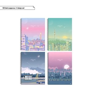 Cute Korean Aesthetic Blank Unlined Spiral Planning Drawing Notebook/Journal for girls, Women, College, School - 130 p each, 7.4” x 10.2”, 4 Count (cocktail lights, enchanted, last bus, still awake) + 1 dalgaru sticker sheet