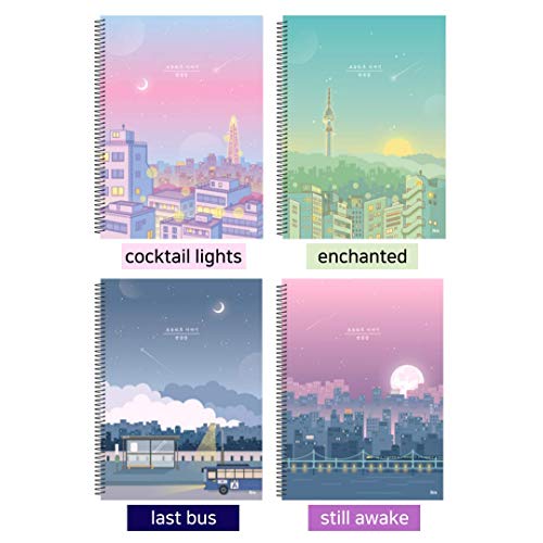 Cute Korean Aesthetic Blank Unlined Spiral Planning Drawing Notebook/Journal for girls, Women, College, School - 130 p each, 7.4” x 10.2”, 4 Count (cocktail lights, enchanted, last bus, still awake) + 1 dalgaru sticker sheet