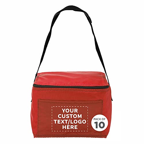 DISCOUNT PROMOS Custom Small Lunch Bags Set of 10, Personalized Bulk Pack - Insulated, Fits 6 Cans, Perfect for the Office, Picnic, Beach - Red