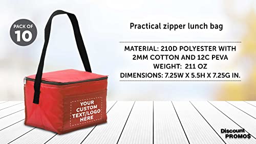 DISCOUNT PROMOS Custom Small Lunch Bags Set of 10, Personalized Bulk Pack - Insulated, Fits 6 Cans, Perfect for the Office, Picnic, Beach - Red