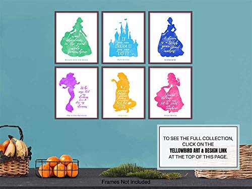 Quotes Posters - 8x10 Princess Wall Art Room Decorations - Home Decor Set for Girl Bedroom, Nursery - Cute Girly Gift for Rapunzel, Cinderella, Snow White, Ariel, Belle and World Fan print