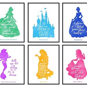 Quotes Posters - 8x10 Princess Wall Art Room Decorations - Home Decor Set for Girl Bedroom, Nursery - Cute Girly Gift for Rapunzel, Cinderella, Snow White, Ariel, Belle and World Fan print