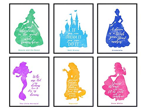 Quotes Posters - 8x10 Princess Wall Art Room Decorations - Home Decor Set for Girl Bedroom, Nursery - Cute Girly Gift for Rapunzel, Cinderella, Snow White, Ariel, Belle and World Fan print