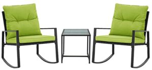 pyramid home decor 3-piece rocking bistro set - durable & stylish synthetic wicker outdoor furniture - glass coffee table with 2 chairs for balcony, patio & porch - black metal, soft green cushions