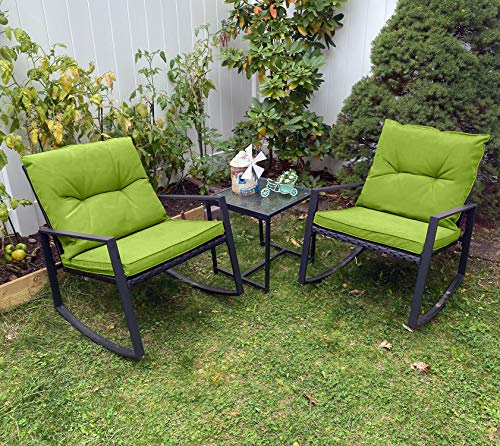 Pyramid Home Decor 3-Piece Rocking Bistro Set - Durable & Stylish Synthetic Wicker Outdoor Furniture - Glass Coffee Table with 2 Chairs for Balcony, Patio & Porch - Black Metal, Soft Green Cushions