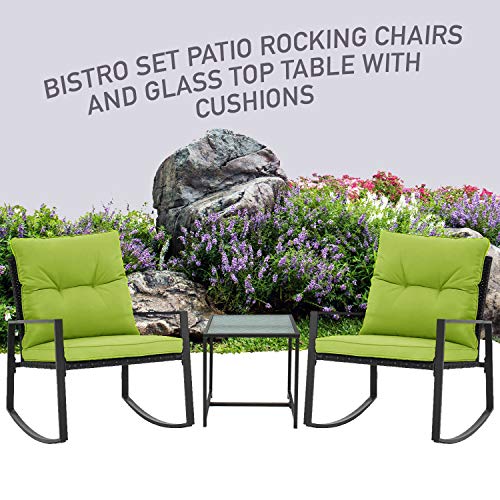 Pyramid Home Decor 3-Piece Rocking Bistro Set - Durable & Stylish Synthetic Wicker Outdoor Furniture - Glass Coffee Table with 2 Chairs for Balcony, Patio & Porch - Black Metal, Soft Green Cushions