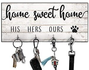 his, hers, ours, paws key holder for wall | entryway key hook decorative, rustic key hangers for wall | dog leash holder for wall, farmhouse home decor key hooks | home sweet home sign
