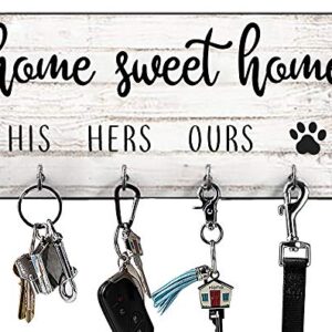 His, Hers, Ours, Paws Key Holder for Wall | Entryway Key Hook Decorative, Rustic Key Hangers for Wall | Dog Leash Holder for Wall, Farmhouse Home Decor Key Hooks | Home Sweet Home Sign