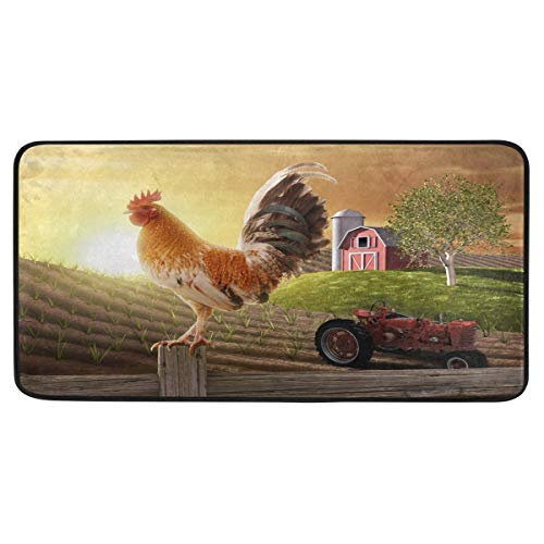 ALAZA Rooster Sunset Car Tree Non Slip Kitchen Floor Mat Kitchen Rug for Entryway Hallway Bathroom Living Room Bedroom 39 x 20 inches(1.7' x 3.3')